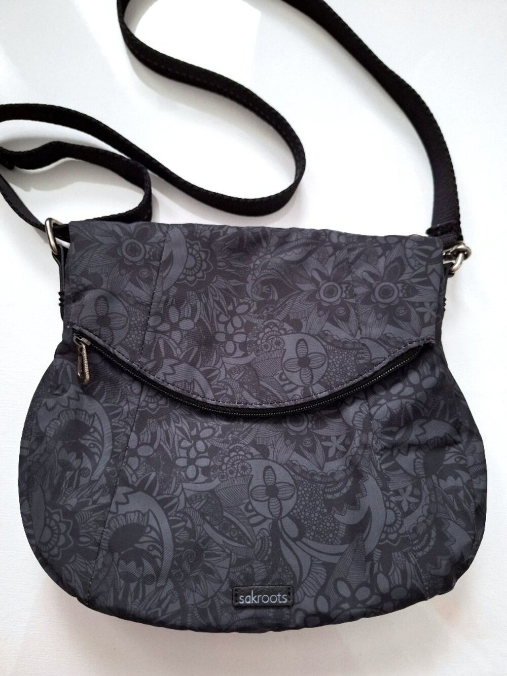 Sakroots Grey and Black Floral Print Foldover Crossbody Bag
